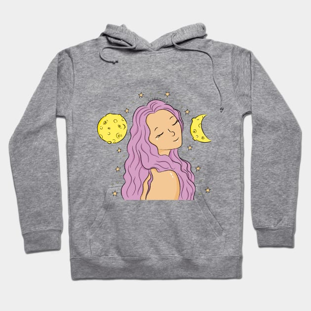 Purple Haired Girl with Moons and Stars Illustration Hoodie by Lizzamour